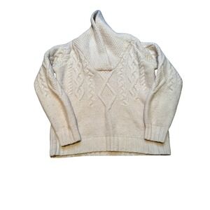 Inis Crafts 100% Merino Wool Aran Cable Knit Sweater Shawl Collar Ivory